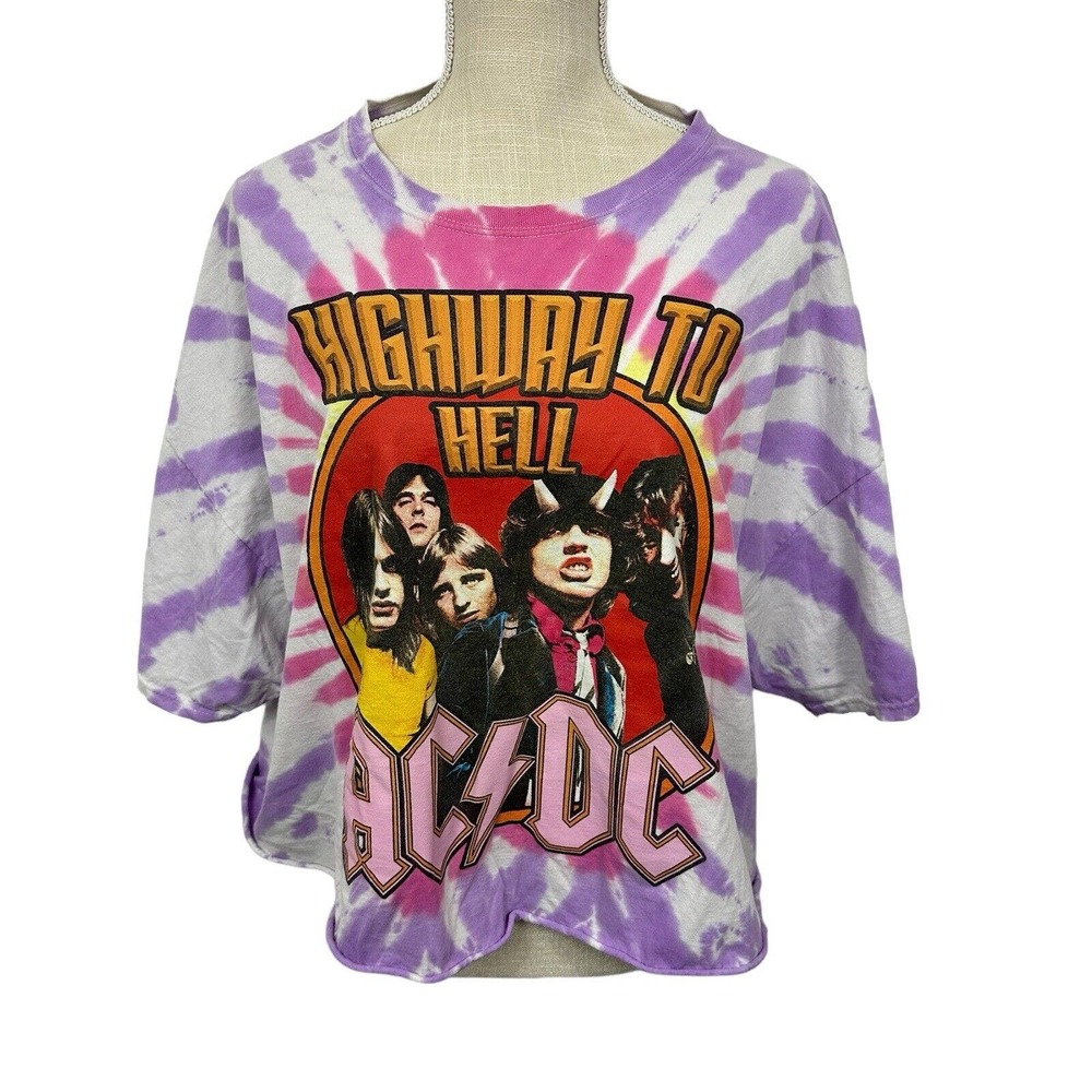 AC/DC Highway to Hell Tie Dye Cropped T-Shirt Short Sleeve Womens Size 3X Purple